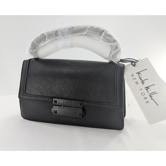 Nicole Miller Black Chain Accent Faux Leather Purse Bag - Picture 2 of 12